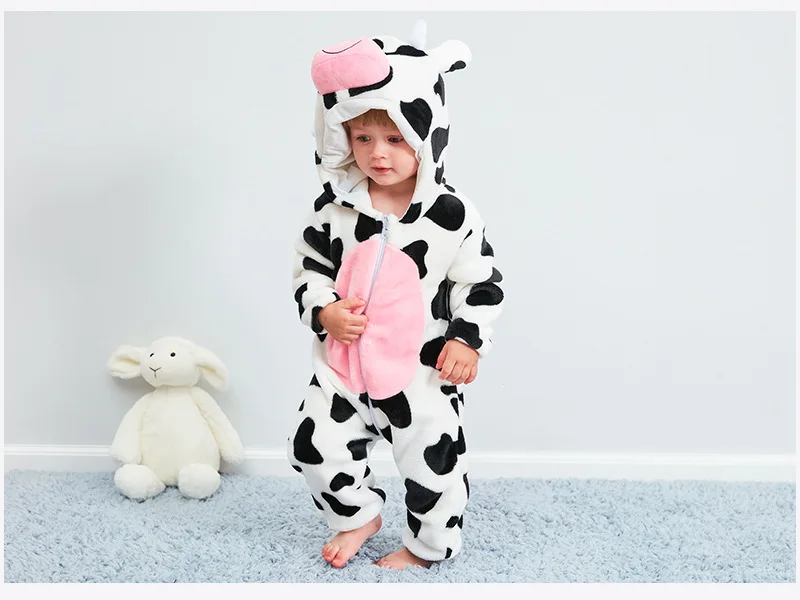 Одежда для новорожденных мальчиков и девочек, комбинезоны с животным рисунком коровы, комбинезоны, костюмы фланелевые с капюшоном для малыша, костюмы для малышей