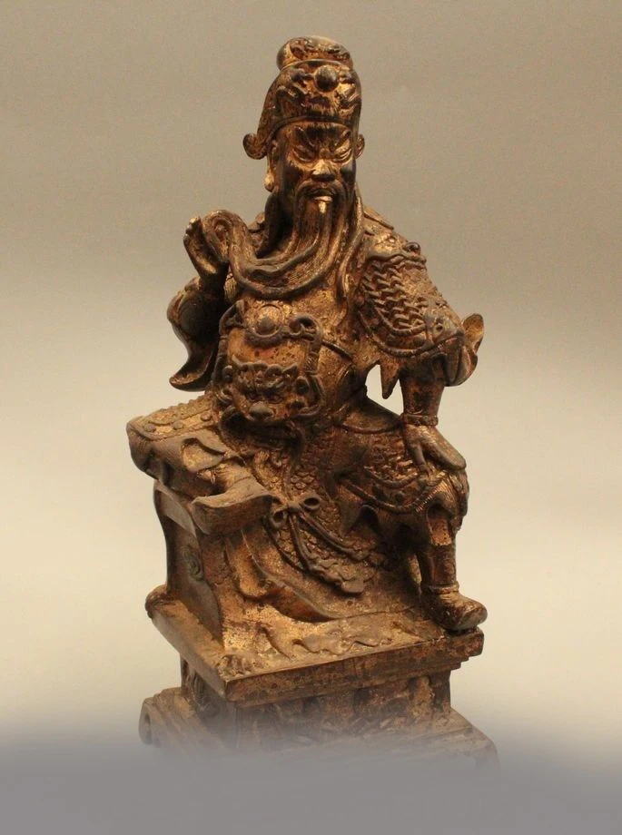 

16"Chinese Folk Fengshui Bronze Seat Guan Gong Yu Warrior God Dragon Statue