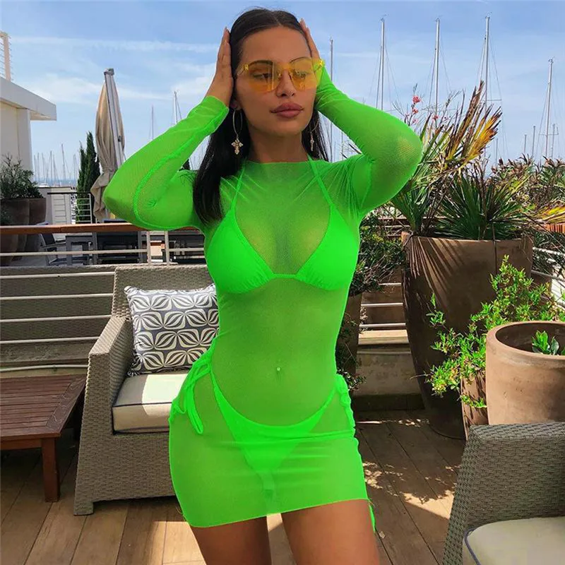 

Women's Sheer Mesh Bikini Cover Up Beachwear Swimwear Transparent Mesh Neon Beach Mini Dress Summer Tunics