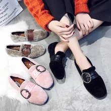 Теплая зимняя обувь Женская кожаный ремешок с украшением в виде кристаллов, с пряжкой, на меху; обувь на плоской подошве из толстого плюша; обувь на плоской подошве; женские туфли без задника; женские мокасины; s309