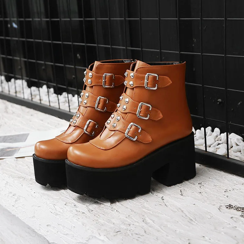 YMECHIC сапоги в стиле «милитари» для Дамская обувь на платформе на высоком блочном каблуке, стиль «панк»; ботинки в готическом стиле с заклепками и пряжкой; ботинки в Военном Стиле Большие размеры 34–45