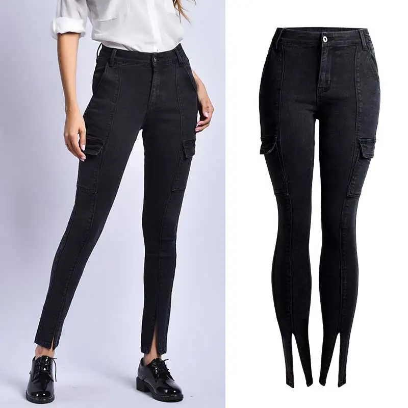 

Women 3XL Plus Size Punk Rock Black Jeans Open Front Pencil Denim Pants Pockets High Waist Stretch Slim Jeans Trouser Female