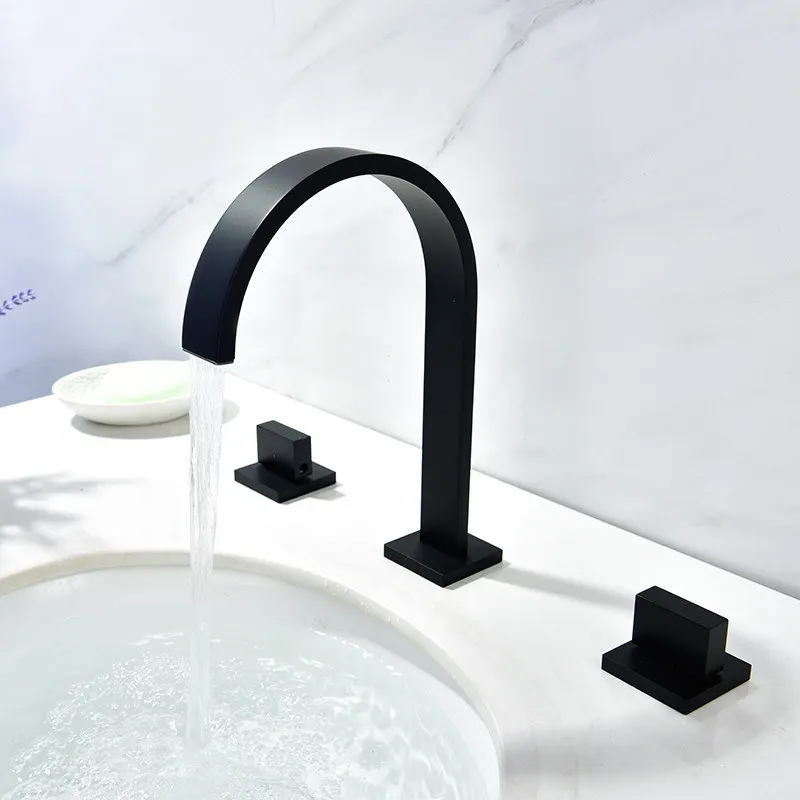 Смеситель для ванной комнаты, латунный Смеситель для раковины, кран для горячей и холодной широко распространенной водопады, кран для ванной комнаты, черный квадратный кран - Цвет: Black