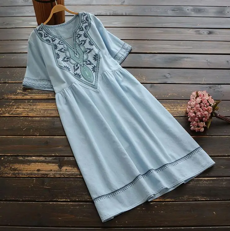 Винтажное платье Mori Girl с v-образным вырезом г. Летнее хлопковое платье большого размера с тонкой вышивкой и короткими рукавами, повседневное корейское модное платье YoYiKamomo - Цвет: Синий