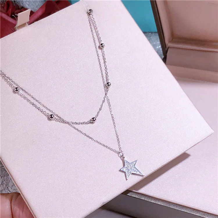 

Pure 925 Sterling Silver Chain Necklace Trendy Women Bijoux New Arrival Double Layer Sparkling Zircon Pentagon Star Pendant