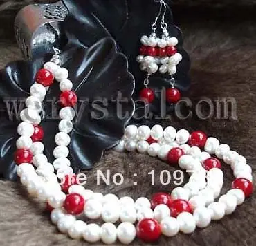 

Hot sell Noble- Jewelry 00252 white freshwater pearl red coral necklace earrings set (A0423)