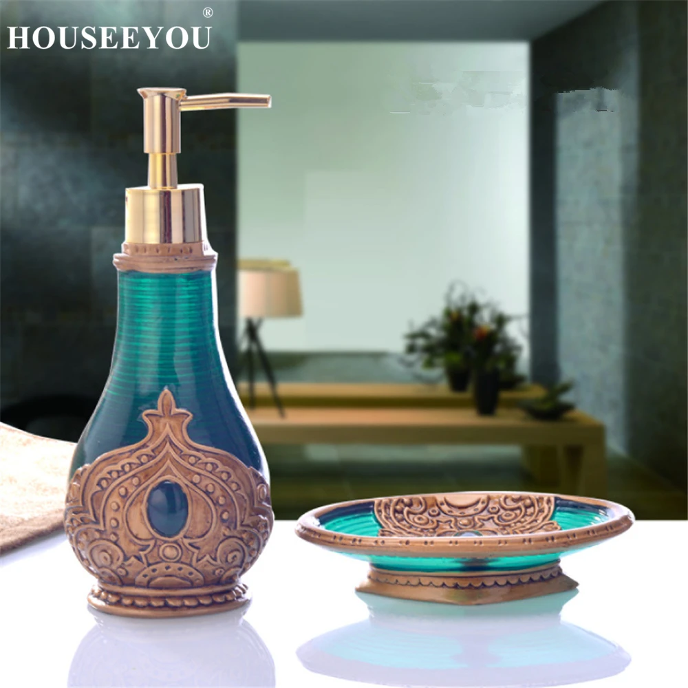 

2Pcs Beautiful Morocco Decoration Resin Liquid Soap Dispenser and Dish Lotion Bottle Bathroom Accessories Set Shower Gel Press