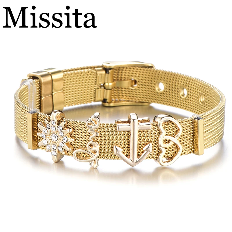 

Dropshipping New Fashion Gold Color Love Heart Pan Mesh Bracelet Sets Stainless Steel Bangle for Women as Valentines Gift