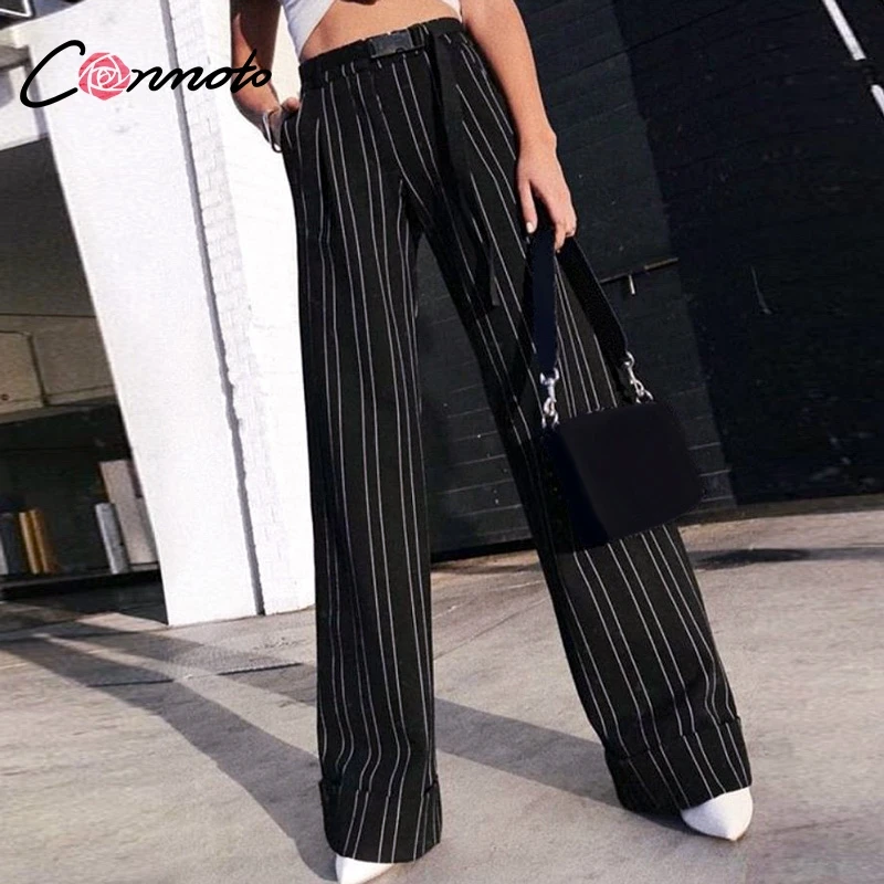 

Conmoto Striped Wide Leg Long Pant Women Black Loose Casual Palazzo Pants 2018 Autumn Fashion Winter High Waist Pants Trousers