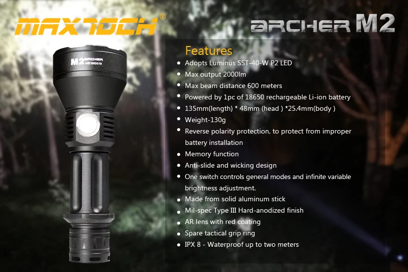 MAXTOCH Archer M2 2000lm 600 метров + Luminus SST 40 W P2 светодиодный бесступенчатая Функция