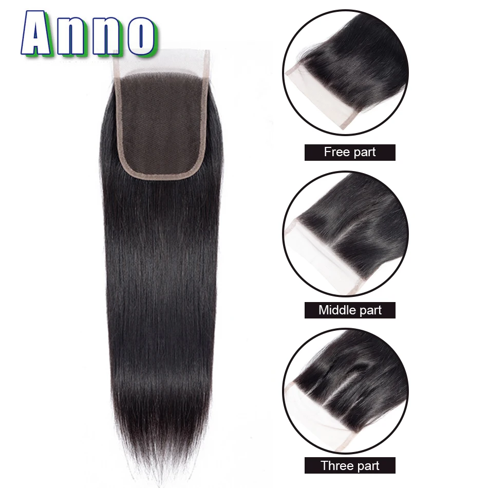 

Anno Hair Straight 4*4 Lace Closure Brazilian Human Hair Closure Middle/Free/Three Part Non Remy Hair Natural Color No Smell