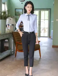 Формальные женские блузки и рубашки женские деловые костюмы с 2 шт брюки и топ наборы длинный рукав OL стили