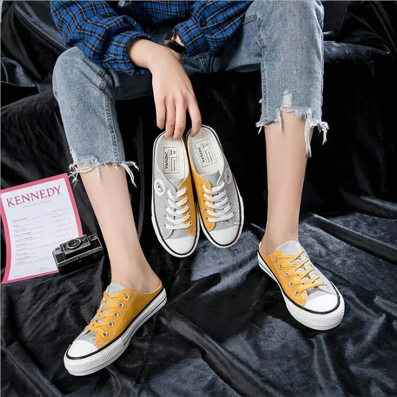 

QWEDF 2019 Women Casual Shoes Spring Fashion Breathable Lace-Up Sneakers Lazy Half slipper versatile canvas shoes G1-25