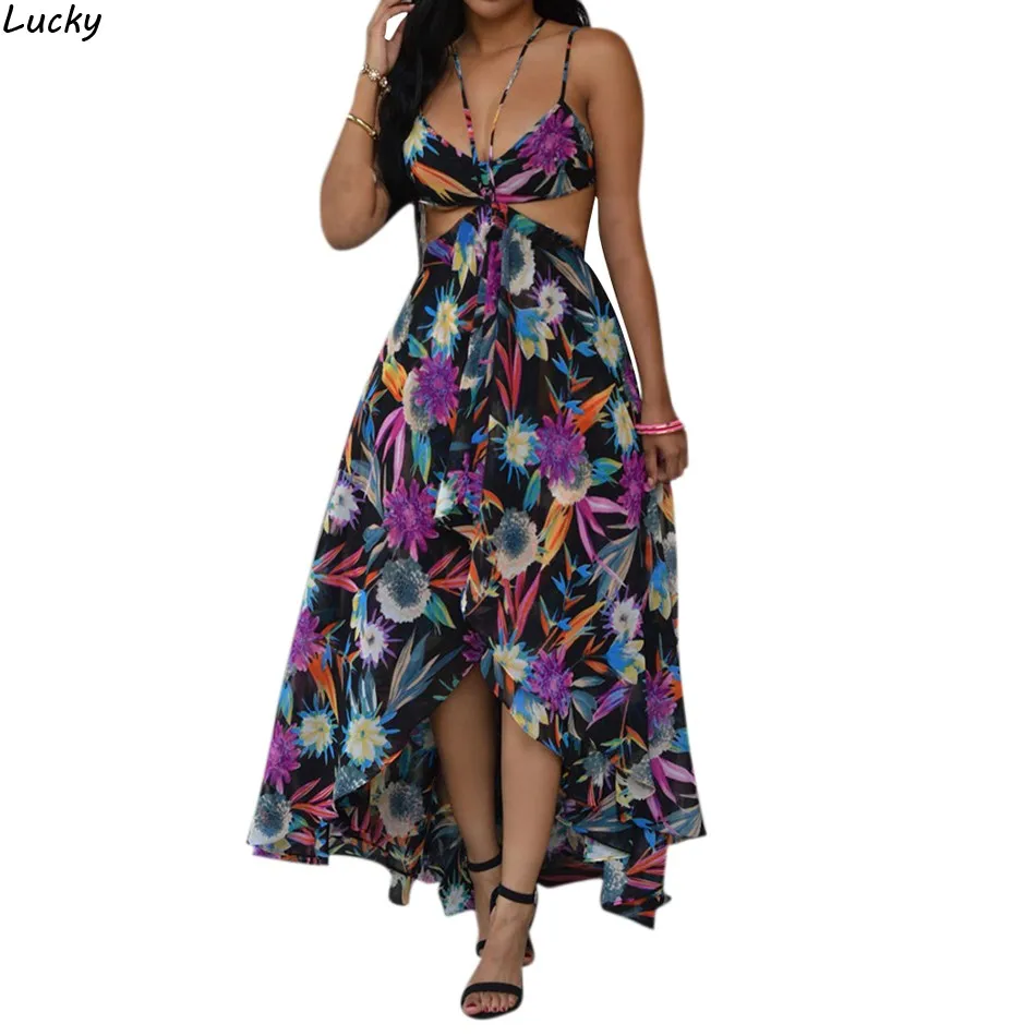 Stylish Sexy Sleeveless Floral Print Long Dress Cut Out Backless Maxi Party Spaghetti Strap Irregular Hem Vestidos S-XL U2 | Женская