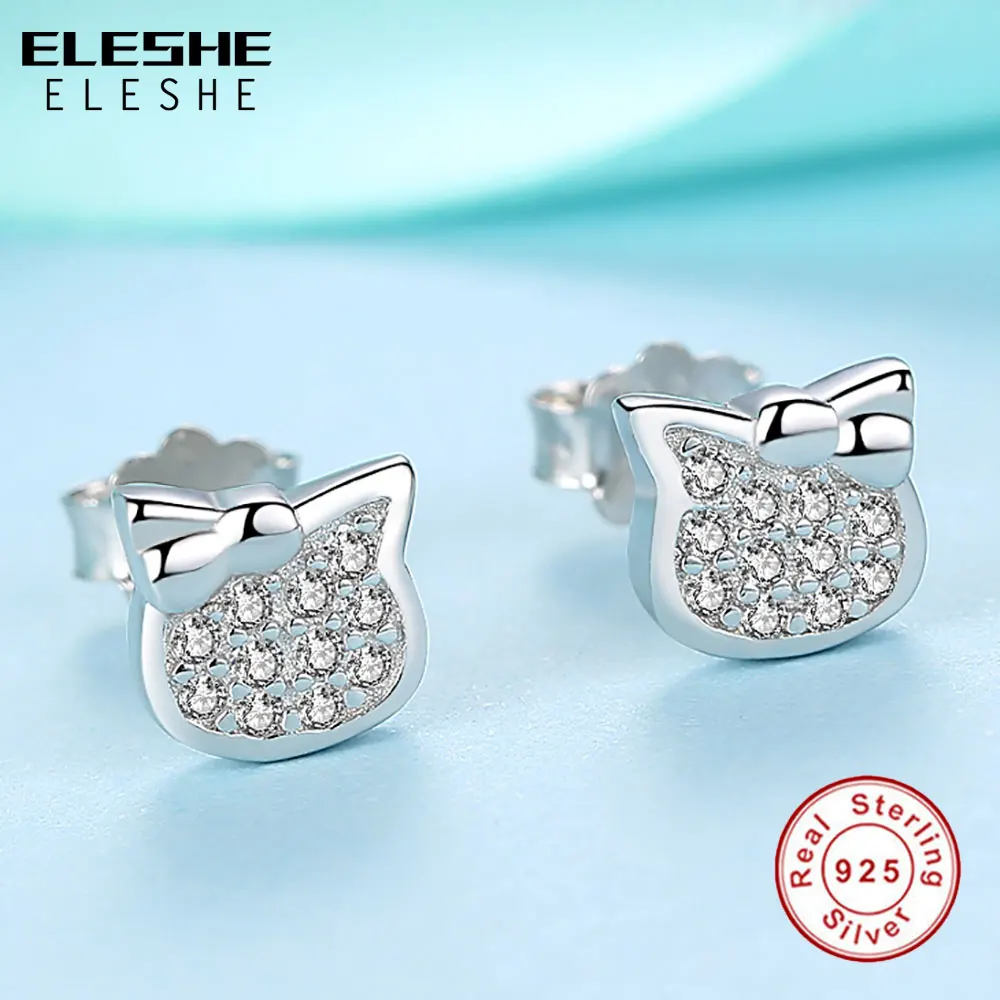 ELESHE Cartoon Animal Cat Stud Earrings for Women Cute 925 Sterling Silver Crysral Earrings Girl Friendship Christmas Gifts