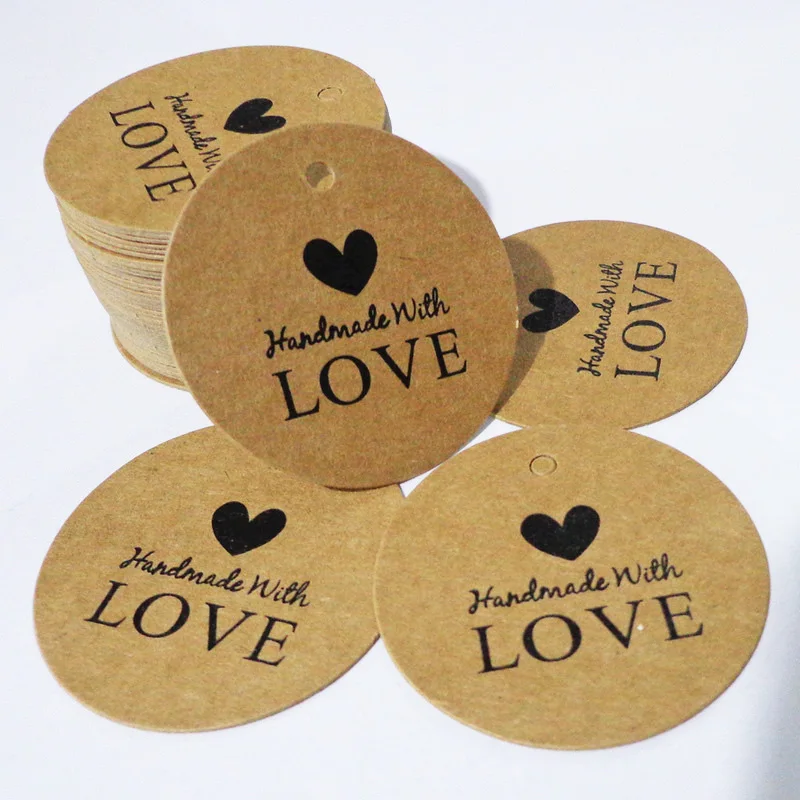 100PCS Kraft Paper Handmade with Love Hang Tags Party Gift Label Brown Cards