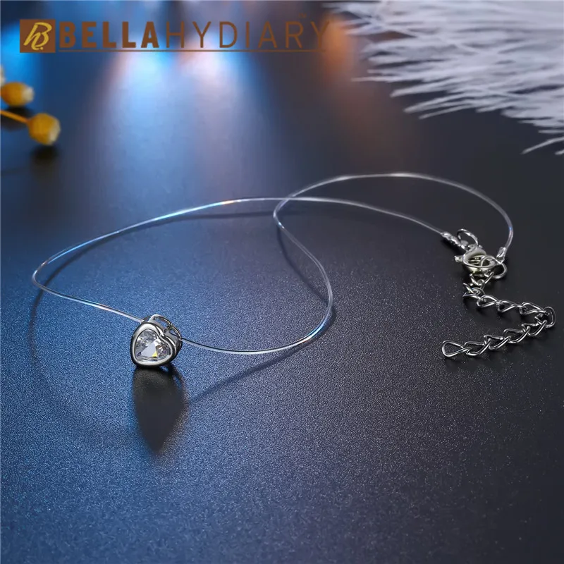 Bijoux Women Chocker Invisible Chain Transparent Fishing Line Heart Necklace Crystal Rhinestone Choker Necklace Pendant On Line (3)