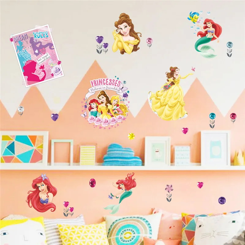 Cartoon Disney Ariel Cinderalle Belle Princess Wall Stickers For Girl's Room Home Decoration Kids Wall Decals Mural Pvc Posters