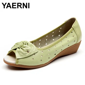 

YAERNI New women shoes genuine leather sandals wedges platform sandals woman peep toe ladies loafers chaussure femme