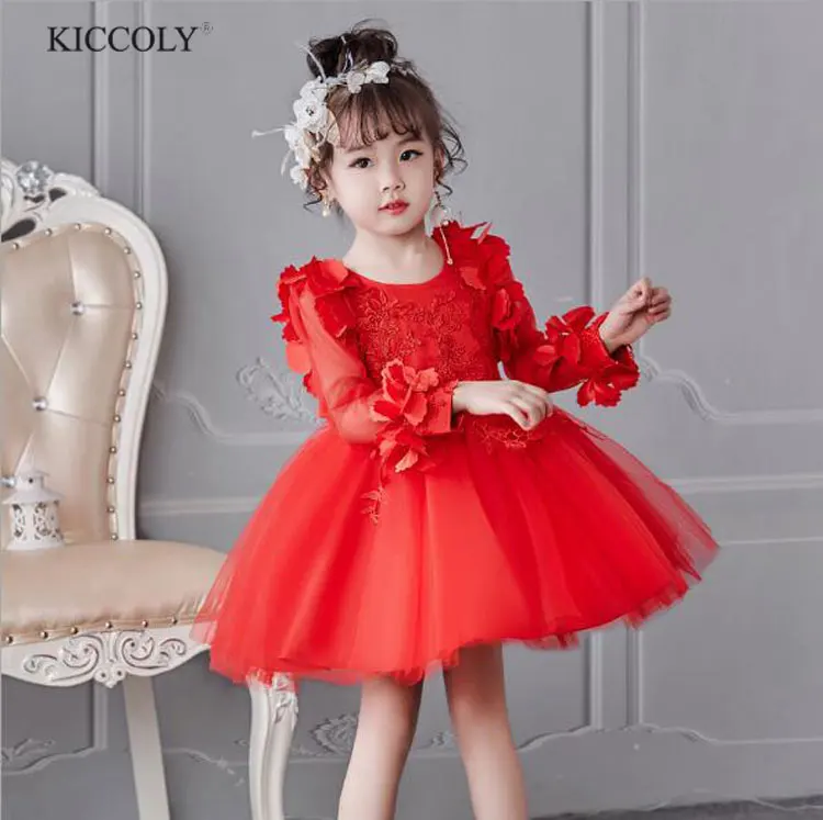 

2017 New Girl Princess Dress Autumn Petal long-Sleeved Wedding Dress Children Embroidered Tutu Dress Kids Performance Dress3-12T