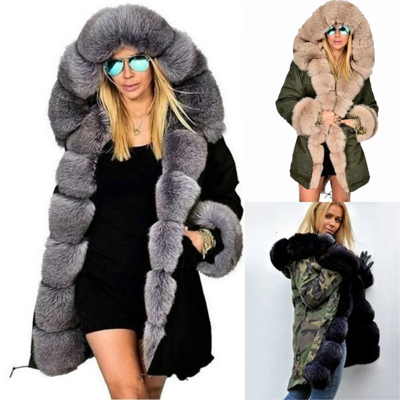 

Winter Long Parka Maternity Outwear Fur Collar Hooded Coats Long Sleeve Warm Plush Coats Camouflage Print Clothes For Pregnancy