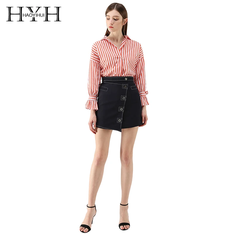 HYH HAOYIHUI Faldas Mujer Moda 2018 Mini A-Line Pencil Womens Wrap Skirt Black Button Fashion Preppy Style Clothes | Женская одежда