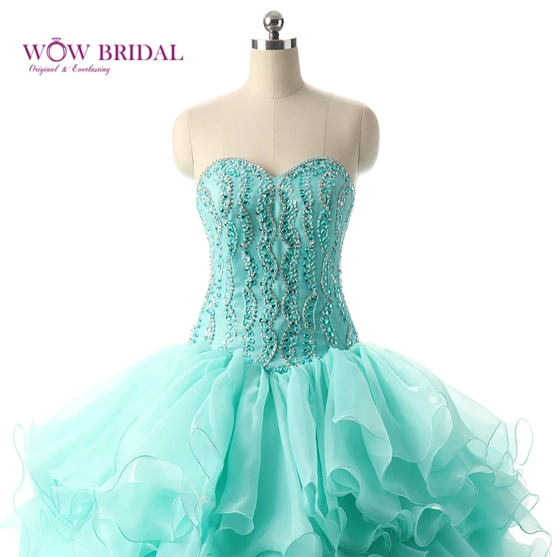 Wowbridal Роскошный Зеленая мята Quinceanera Платье Стеклянные Кристаллы Бальное платье Из Органзы Слои Сладкий 16 Платье Vestido Де 15