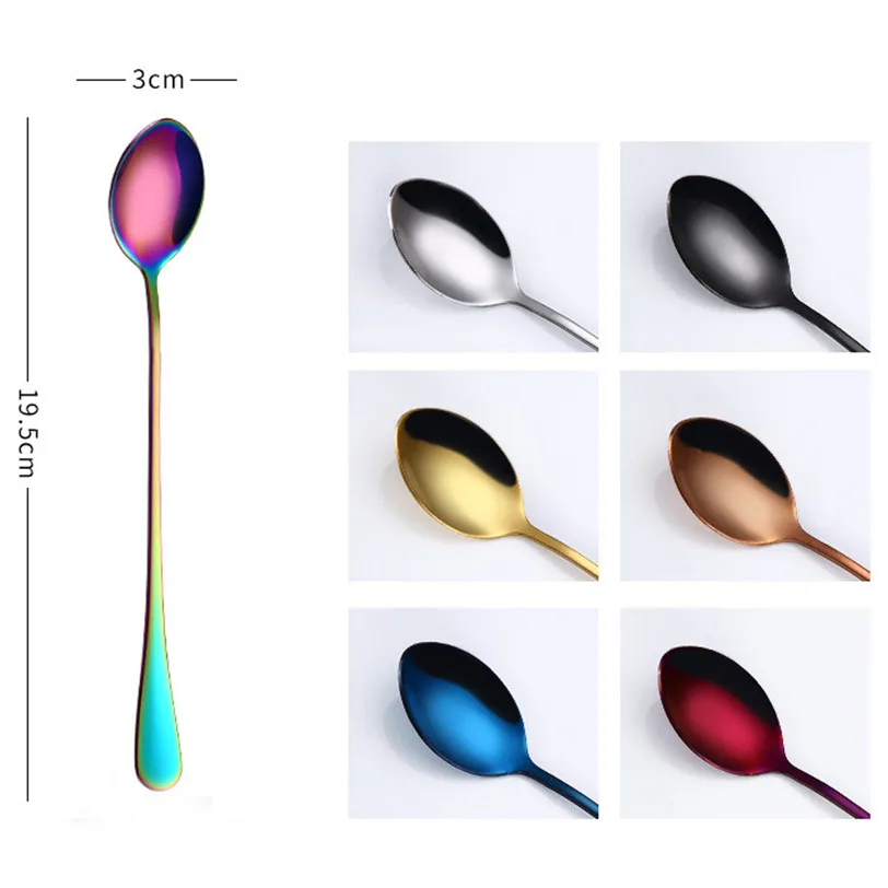 

410 stainless steel Colorful Spoon 19.5*3cm Long Handle Spoons Flatware Coffee Drinking Tools Kitchen Gadget