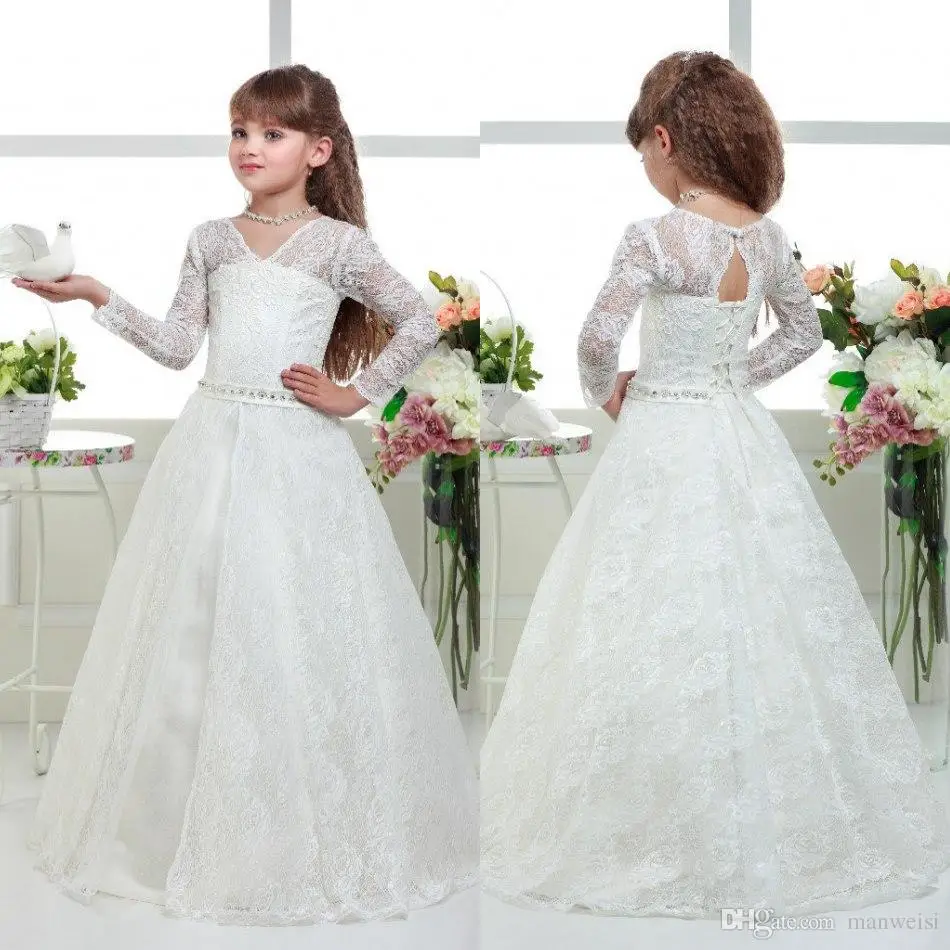 Long Sleeve Beads Flower Girls' Dresses For Weddings V Neck Lace Kids