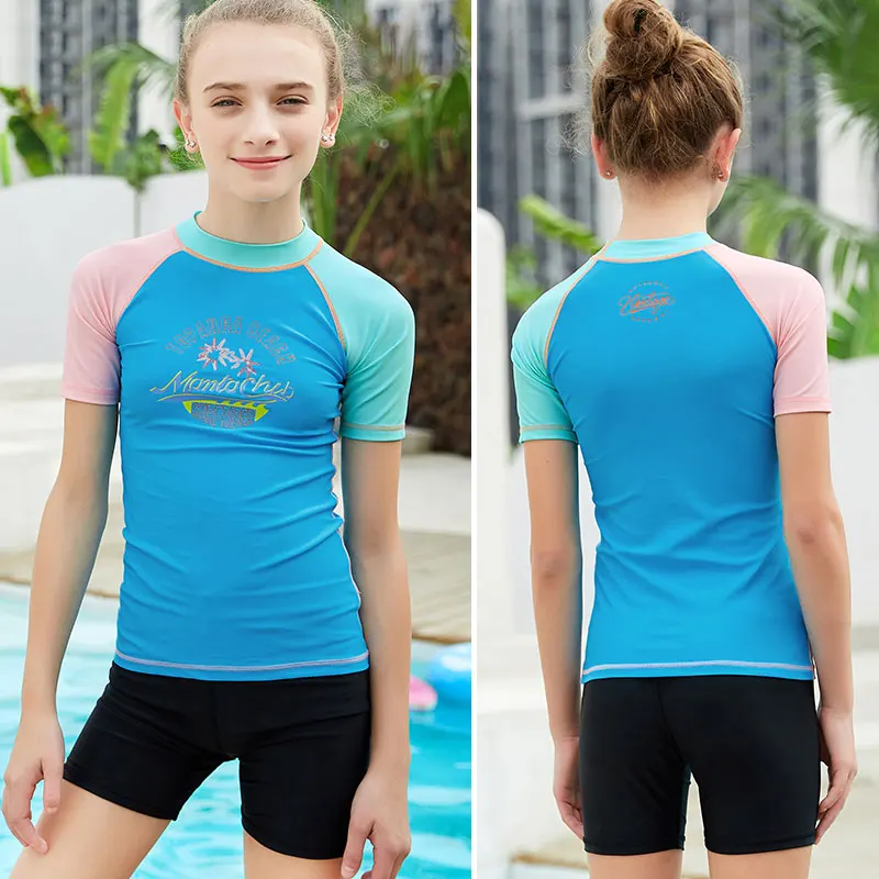 Молодежные базовые костюмы для плавания с длинным/коротким рукавом, UPF 50+, защита от солнца УФ, спортивные топы, рубашка для плавания, футболка для девочек - Цвет: M179602Y-2
