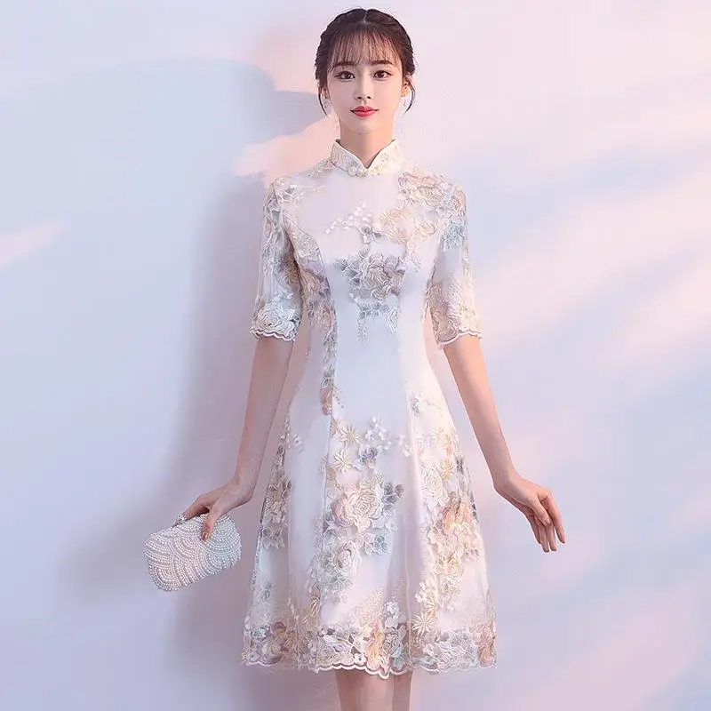 Милое вечернее платье для девочки, атласное, Vestidos de Festa, сексуальное, Сетчатое, с вырезом, женское, Cheongsam, Размеры s m l xl XXL 3XL, Qipao H-50 - Цвет: Champagne