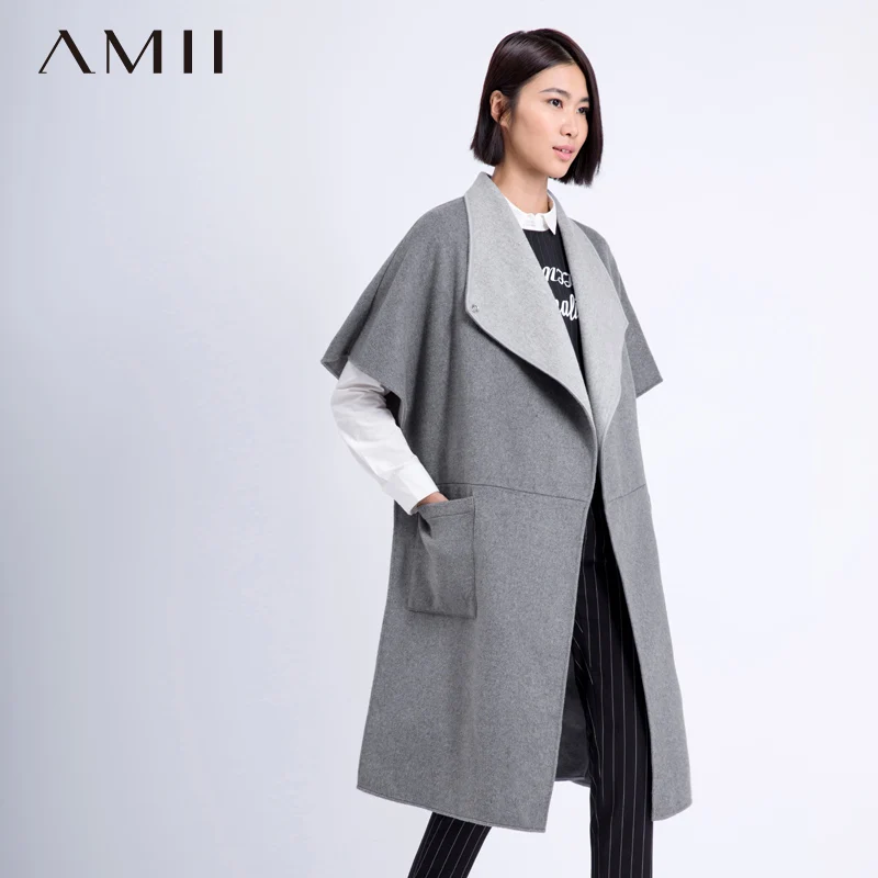 Amii Casual Women 2018 Winter Woolen Coat Cloak Turn-down Collar Pocket Female Wool Blends | Женская одежда