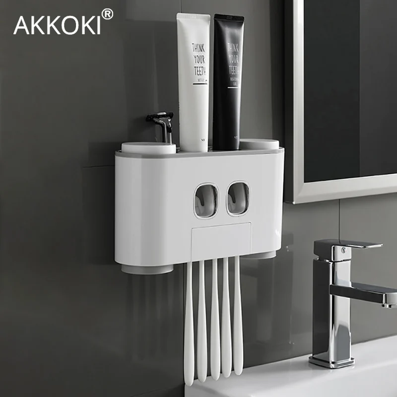 

Wall Paste Mounted Bathroom Automatic Toothpaste Dispenser Squeezer Cup Toothbrush Holder Shaver Shelf Storage Accessories Set