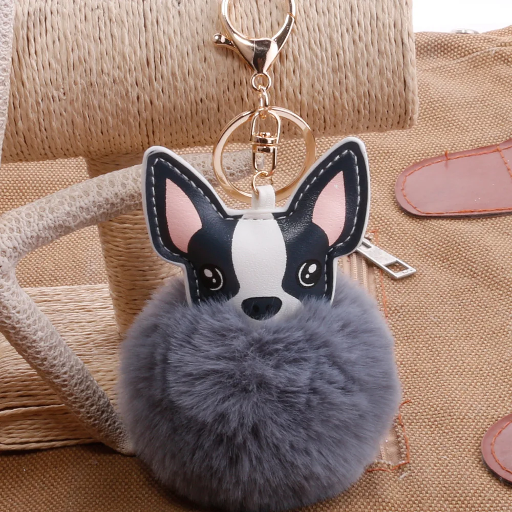 Cute Colour French BulldogKeychain Pompom Fake Fur Ball PU puppy Women's Bag Hair Hangers Animal Pendant YSK008 | Украшения и