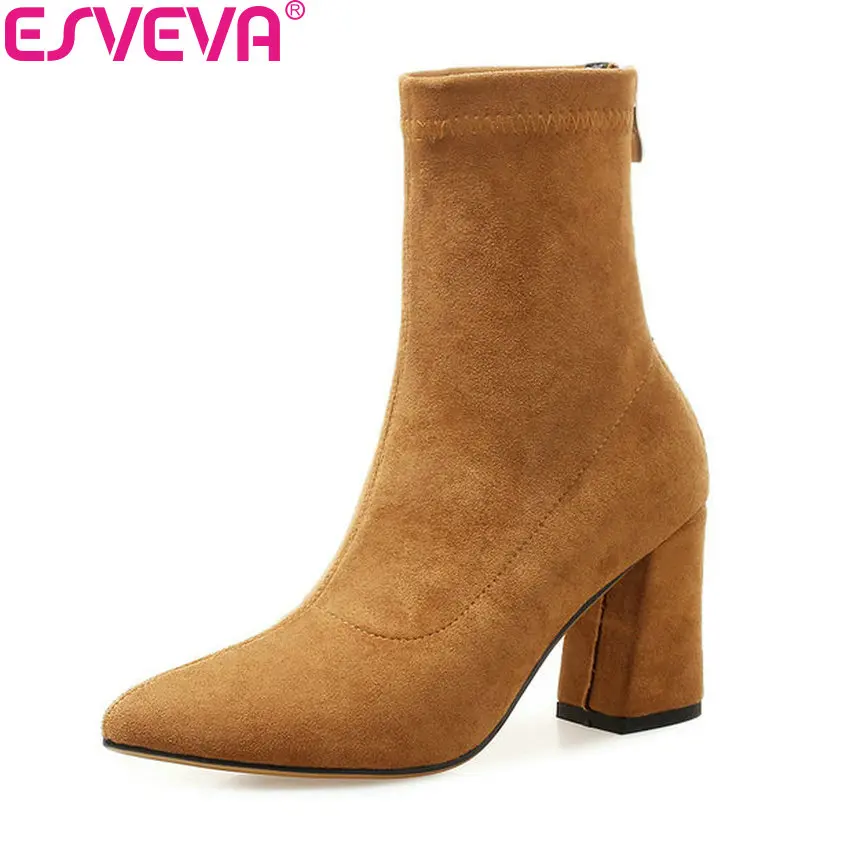 

ESVEVA 2019 Women Shoes Zip Sewing Square High Heels Ankle Boots Shoes Western Style Autumn Pointed Toe Woman Boots Size 34-39