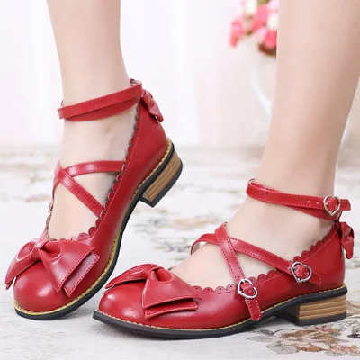 Японская Милая принцесса Лолита обувь с милым бантом на низком каблуке с круглым носком, черные, розовые, белые, синие, коричневые, фиолетовые туфли на плоской платформе - Цвет: Red