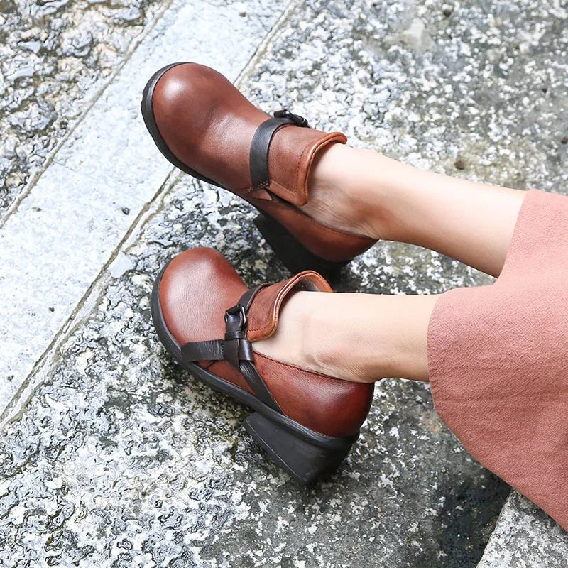 

Women Genuine Leather Pumps Black 4 CM High Heels Autumn Lazy Shoes 2018 Buckle Fashion Leather Pumps For Women Handmade Shoes