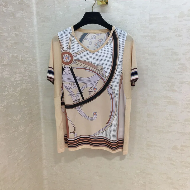 

Clothing Women Fashion Silk Blend Knit Panel Short Sleeve Geometric Element Pattern Print Short Sleeve T-Shirt