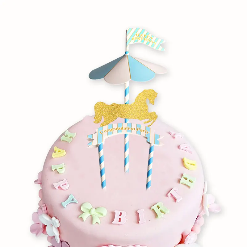 Drapeau De Joyeux Anniversaire A Theme Carrousel Rose Bleu Avec Paille En Papier Decoration De Gateau Cupcake Accessoires Pour Gateaux D Anniversaire Fete Supplement Aliexpress
