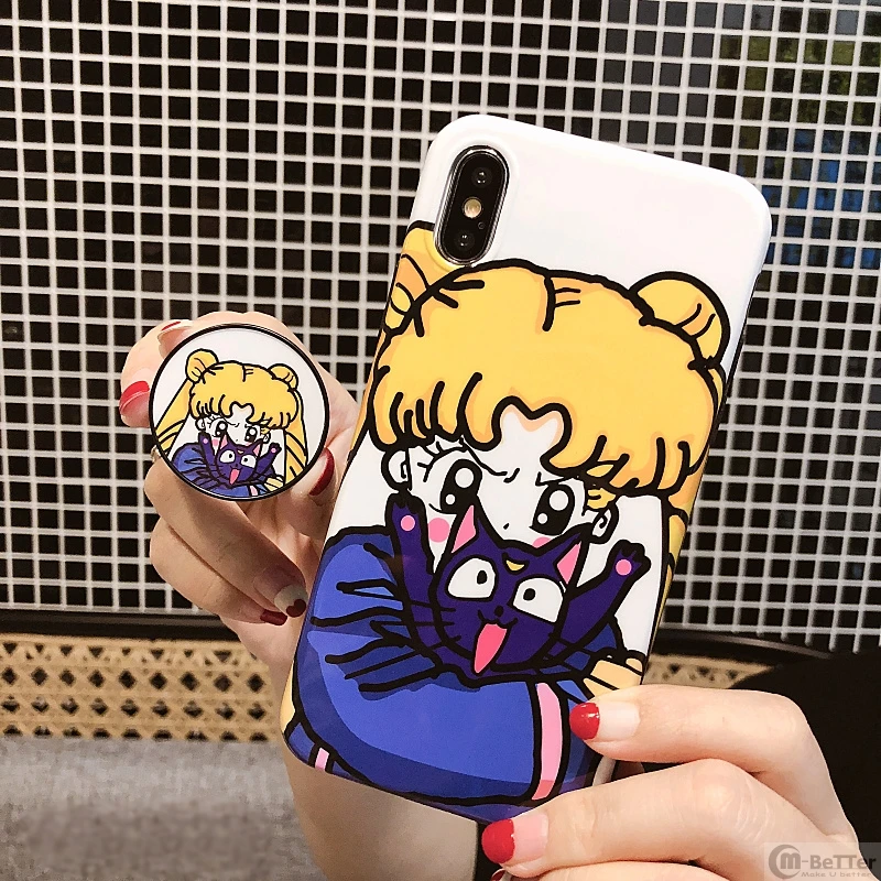 For iphone XS MAX soft TPU case pink Sailor Moon phone cover for iphone 7 8 6 6s plus with mobile holder girl gift shell for XR