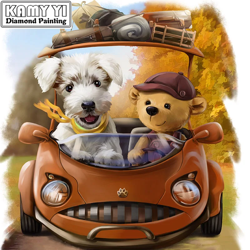 

Full Drill Square Diamond 5D DIY Diamond Painting"Travel dog and bear"Diamond Embroidery Cross Stitch Rhinestone Mosaic Painting