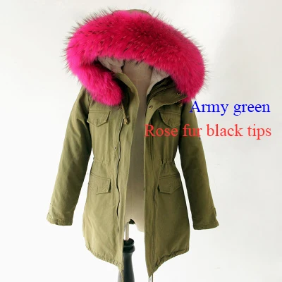 Длинная зимняя женская куртка, большое пальто с капюшоном из меха енота, парки, верхняя одежда со съемной подкладкой, модный бренд, DHL - Цвет: Green and rose fur
