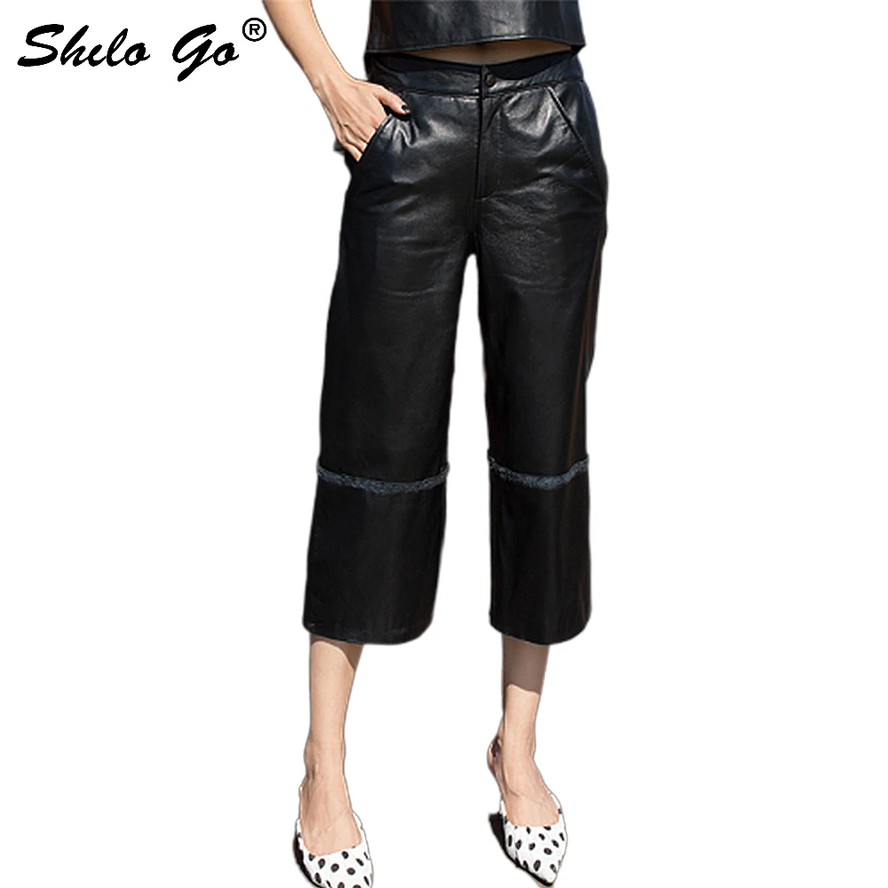 Streetwear Lederen Broek Vrouwen Casual Single Button Hoge Taille Schapenvacht Lederen Wijde Pijpen Broek Losse Vrouwelijke Capri Streetwear Lederen Broek Vrouwen Casual Single Button Hoge Taille Schapenvacht Lederen Wijde Pijpen Broek Losse Vrouwelijke Capri