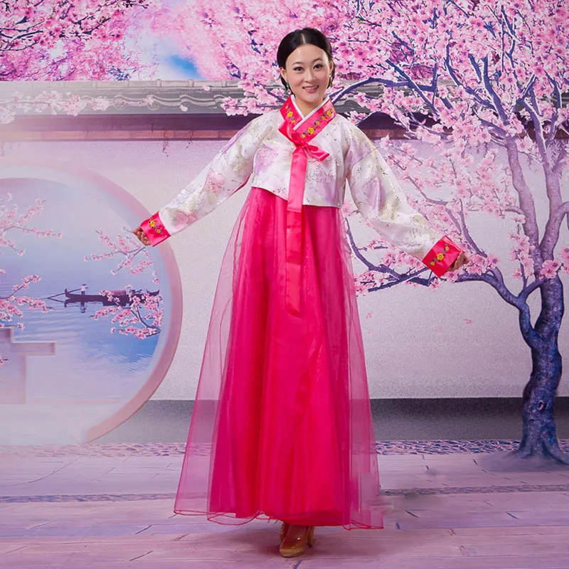 Традиционное платье для выступлений, одежда для дворца, вечернее трикотажное платье для женщин, Элегантные корейские атласные костюмы с вышивкой