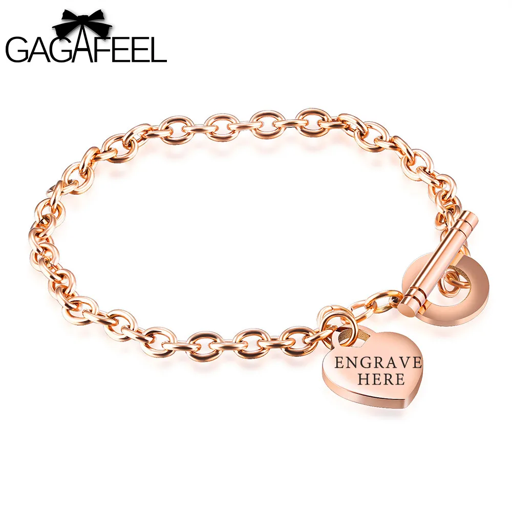 

GAGAFEEL Love Heart Bracelet For Women Jewelry Engrave Name Bracelets Bangles Rose Gold Color Stainless Steel BraceletGifts