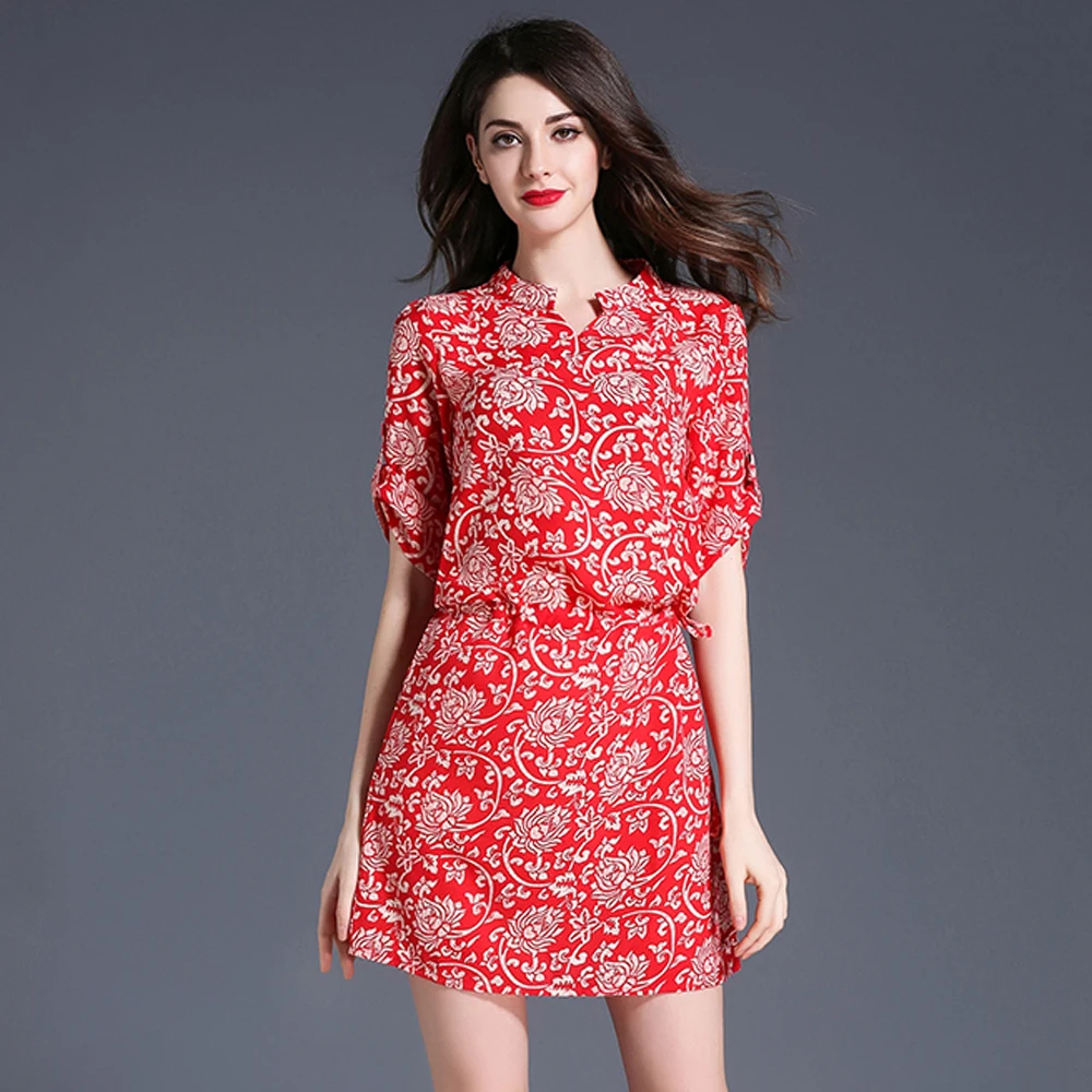 New Femme Red Chiffon Robes Summer Breathable Printed Dress Stand
