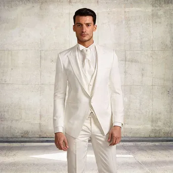 

White Male Wedding Suit Slim Fit Men Suits For Wedding 3 Pieces Best Man Business Suit (Jacket+Pants+Ves)