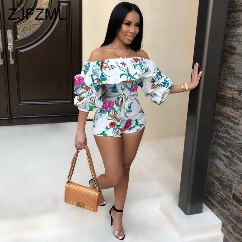 Off Shoulder Rainbow Striped Sexy Bodycon Playsuit 3/4 Lantern Sleeve Floral Print Rompers Womens Club Ruffles Sashes Jumpsuits