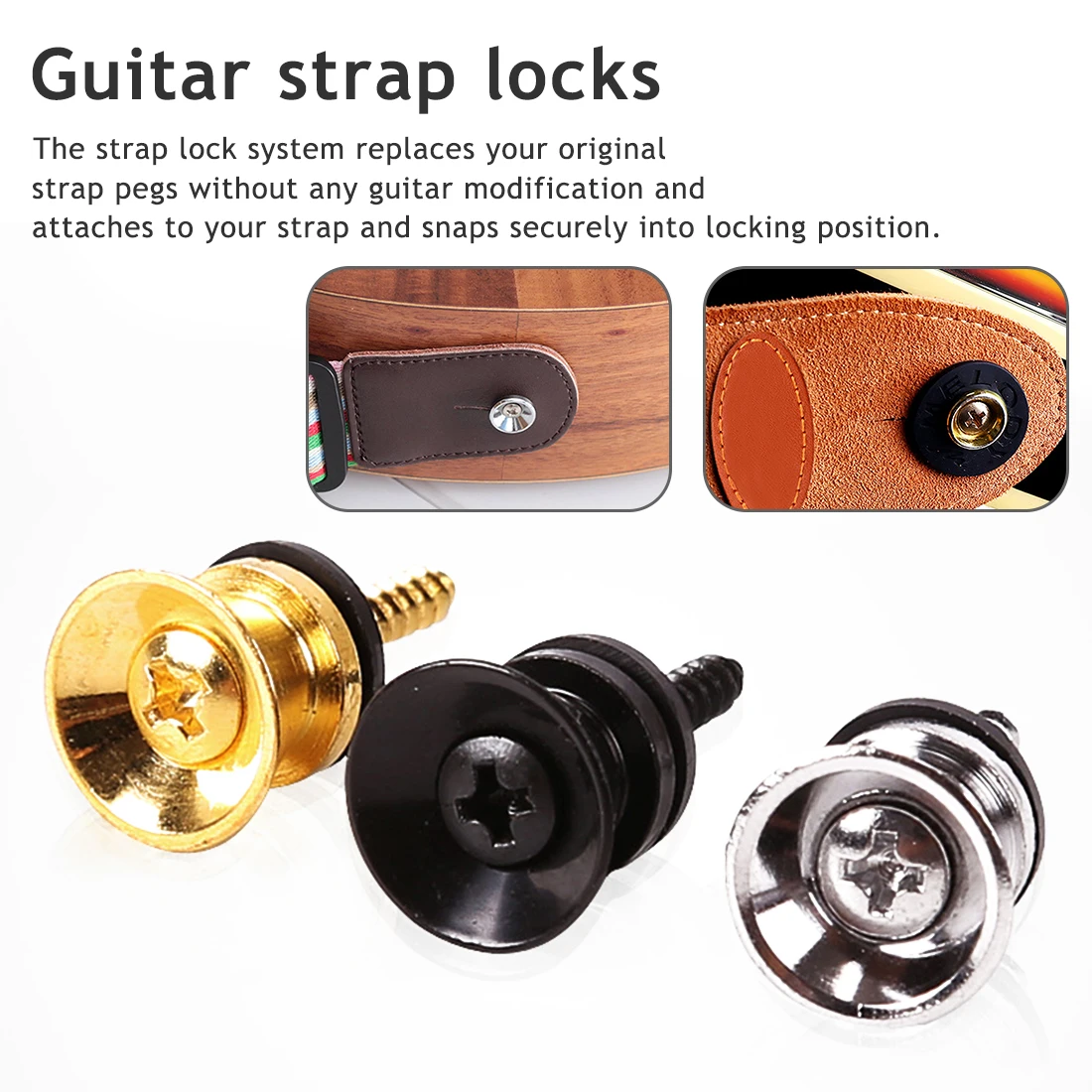 Guitar Strap Lock Chrome Plated Non-slip Belts Buckle Button for All Acoustic Electric Guitar Bass Strap Easy Fix& Remove Screw