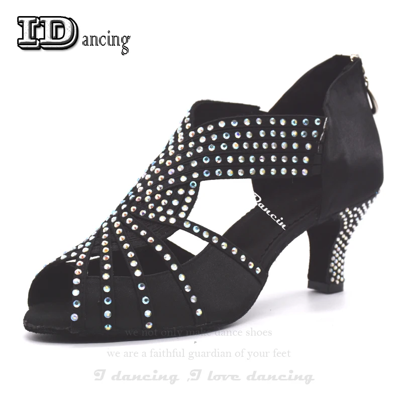 

Women Dance Shoes Latin Dance Shoes Ladies Ballroom Shoes Jazz Party Square Shoes Rhinestone on Buckle Black/Blue Color Zip on